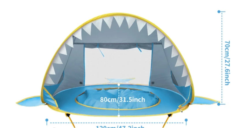 Abri plage pour bébé protection solaire en forme de requin, dimensions 120x80x70 cm, idéal pour protéger les enfants du soleil