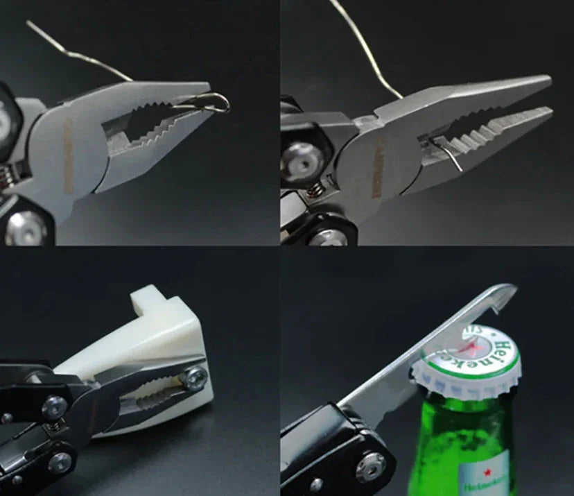 Outil multifonction camping bushcraft avec pince, décapsuleur et fonction de coupe