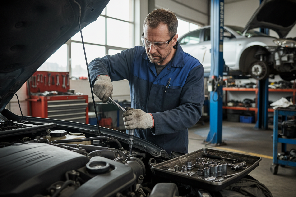 Un homme avec des douilles universelles mécaniques