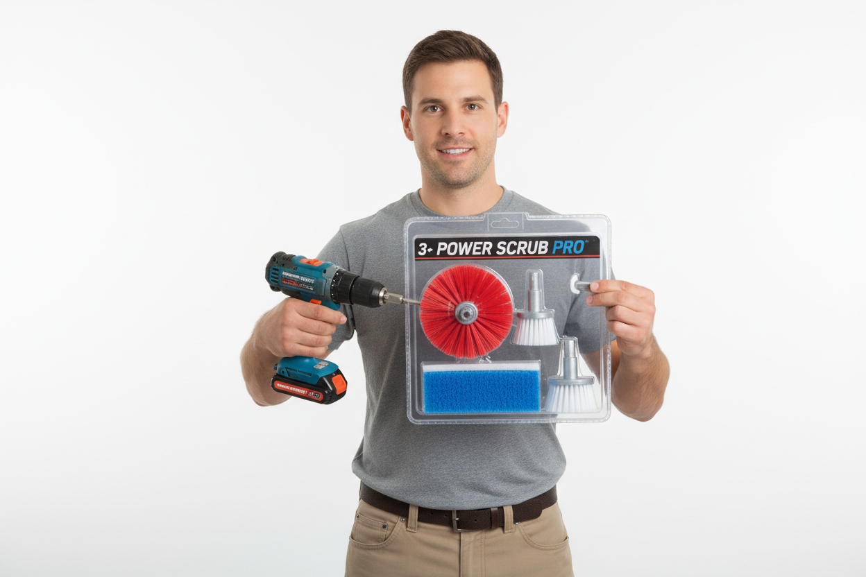 Un homme avec un kit 3 brosses électriques pour perceuse