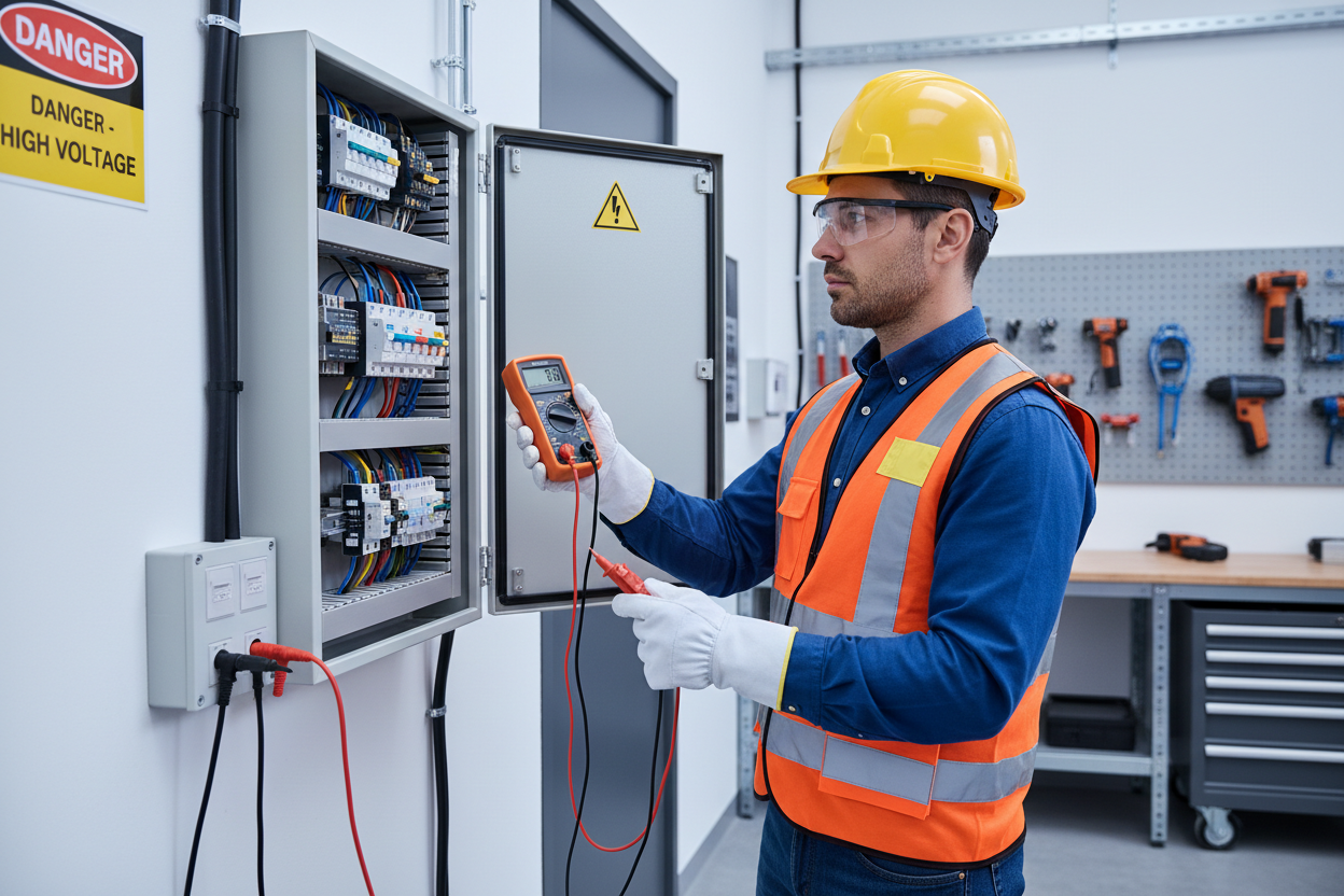 Un homme avec un testeur d'alimentation électrique