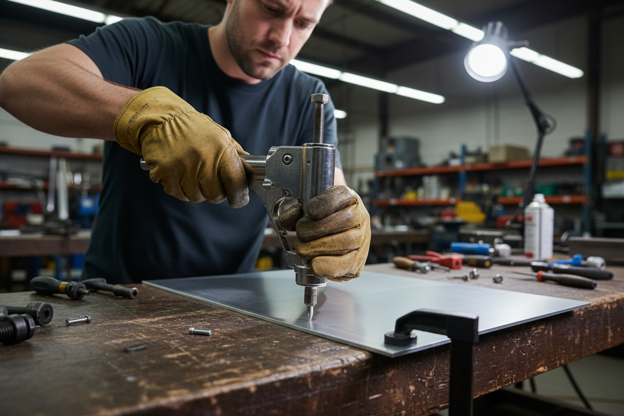 Un homme avec une pince à rivet manuelle