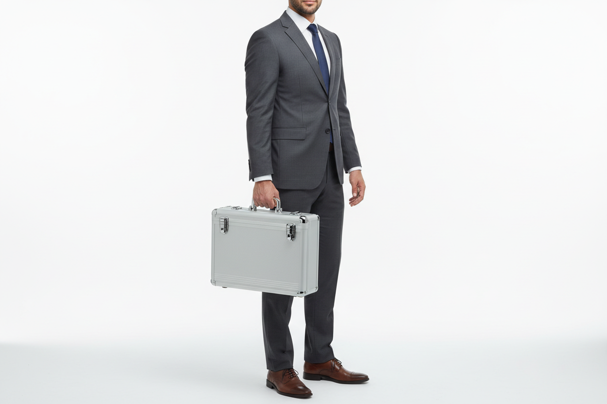 un homme avec une valise à outils aluminium