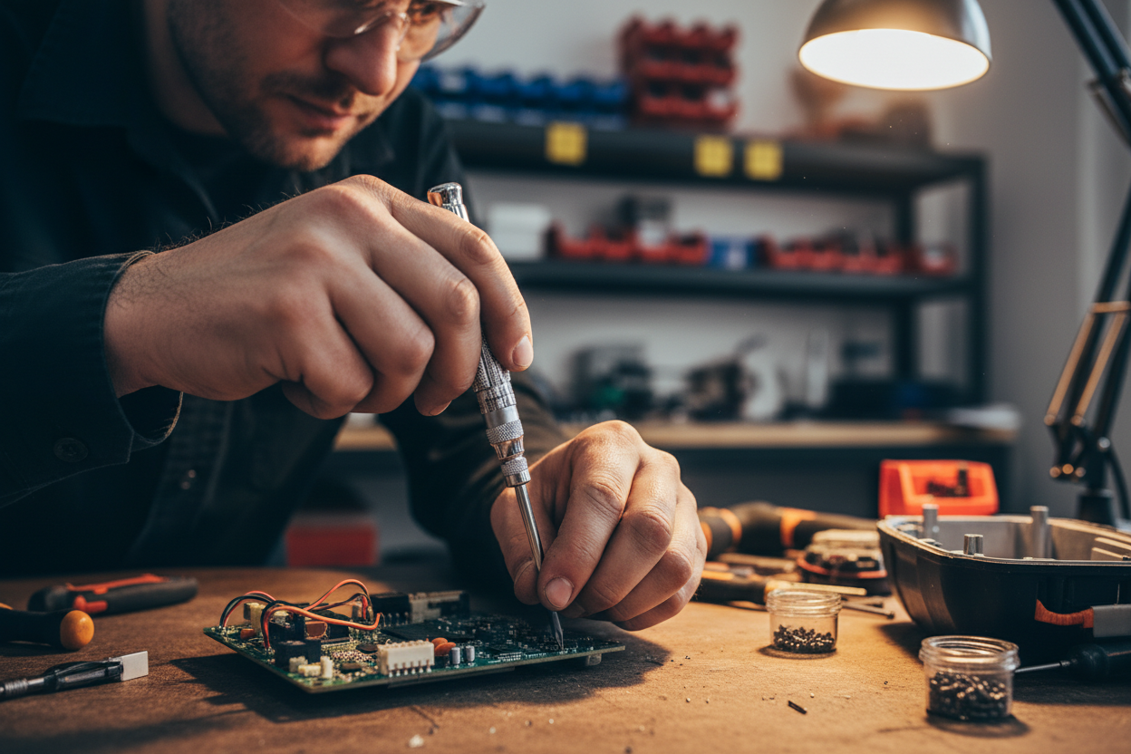 un homme en train de réparer quelque chose avec un tournevis multifonctions